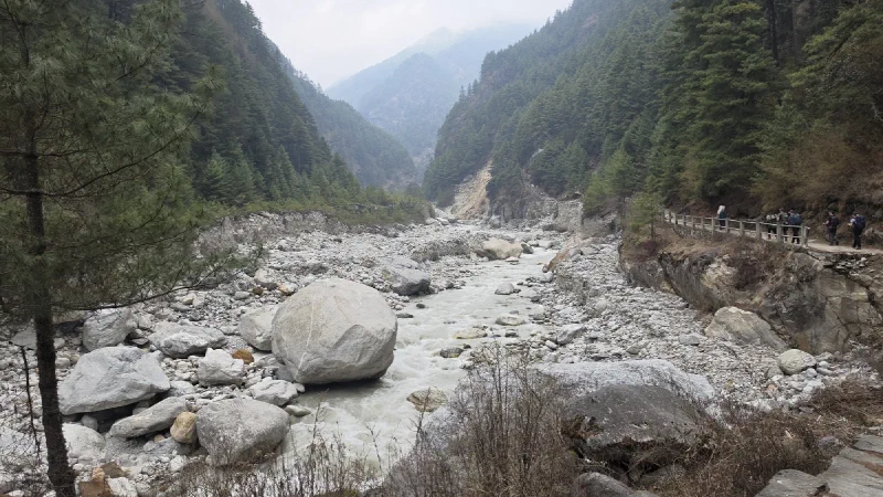 Group trekking single file along the Dudh Koshi river gorge