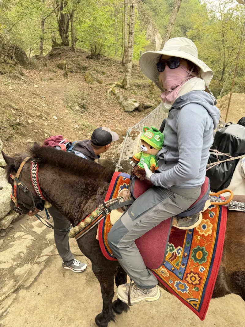 Pokin riding the horse on the trail with the group walking behind, bridge in the distance
