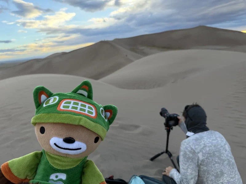 Sumi enormous in the foreground looking out over the dunes while Nicholas works at his tripod in the background