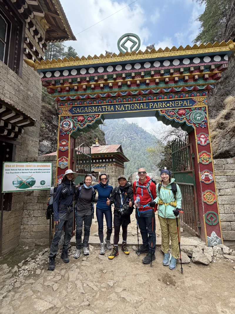 Full group photo at the Sagarmatha National Park entrance gate