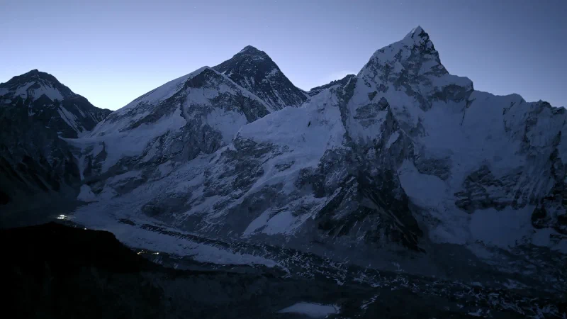 Pre-dawn view from Kala Patthar with Everest and frozen Gorak Shep lake below
