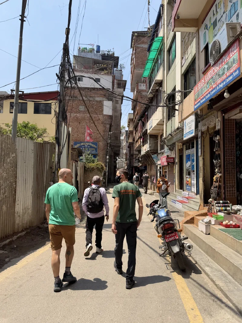 Nicholas, D.B., and Steve walking through the narrow streets of Thamel, Kathmandu