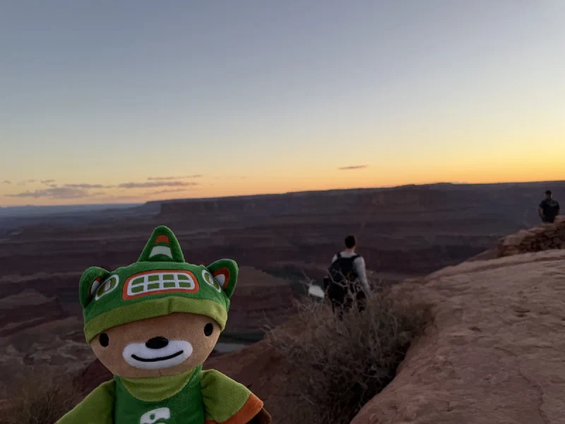 Sumi in the foreground at dusk with the canyon and two silhouetted people behind