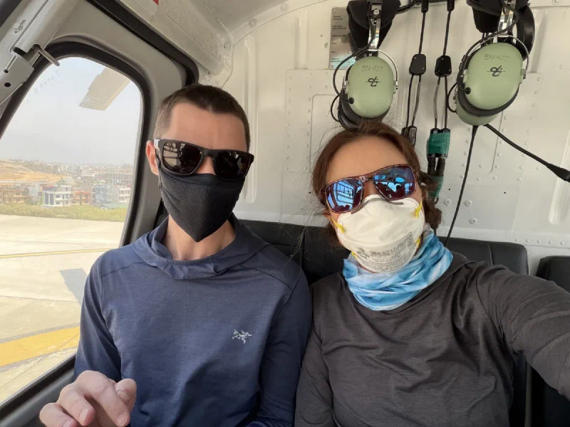 Nicholas and Pokin selfie inside the Kailash helicopter cabin