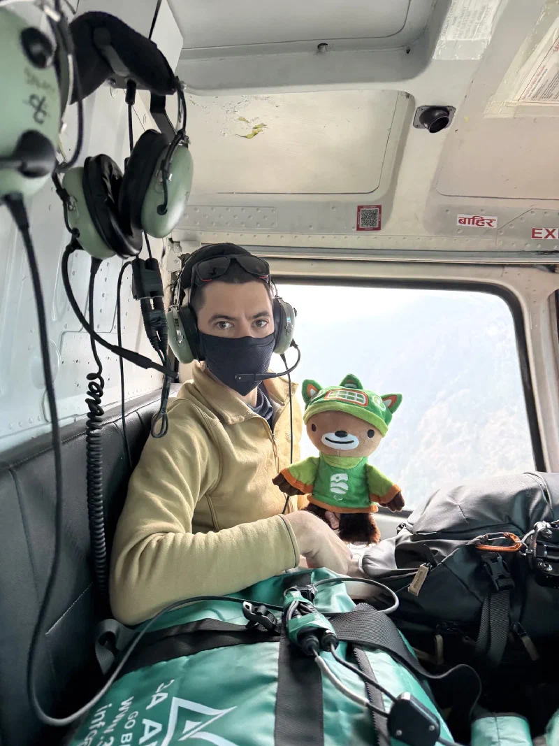 Nicholas and Sumi inside the helicopter during flight to Phakding