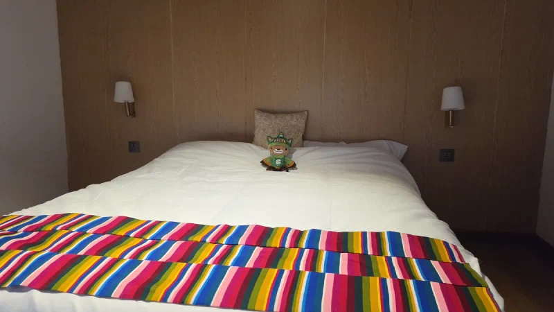 Sumi in bed at the lodge