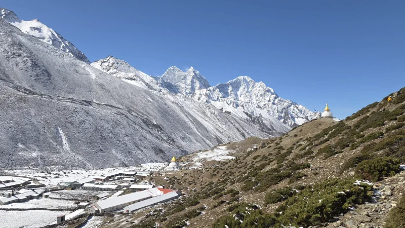Stupas on the ridge above Dingboche with peaks behind