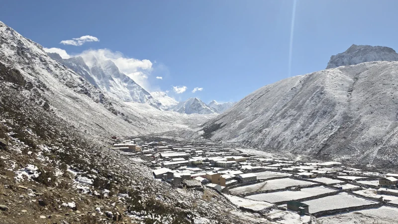 Wide view of Dingboche valley with snow-dusted fields