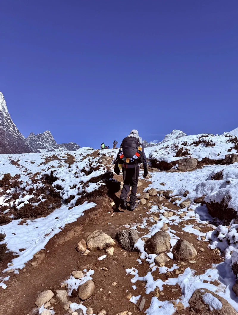 Nicholas hiking from behind, backpack covered in flags