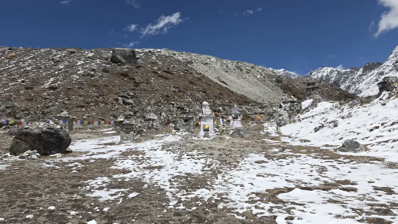 Stone monuments and chortens of the Sherpa Memorial draped in prayer flags