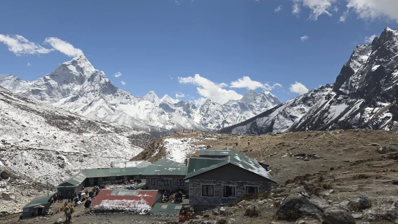 Thukla settlement with tea houses, yaks, and Ama Dablam in the background