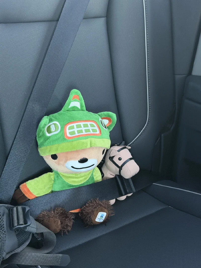 Sumi the small brown bear in his green toque and tunic belted into a car back seat next to Chestnut the toy horse
