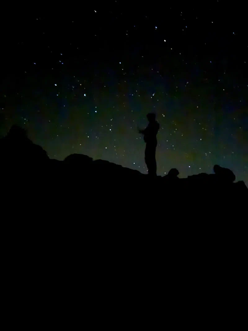 A dark silhouette of a person standing on a rock ridge against a sky full of stars