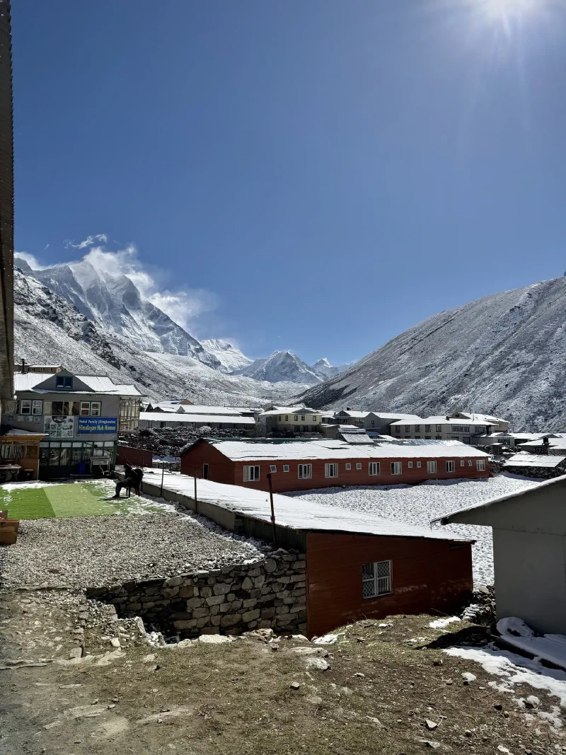 Dingboche village with snow-dusted buildings and mountains behind