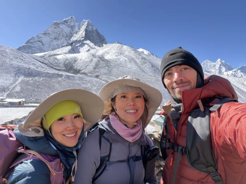 Po On, Pokin, and Nicholas selfie with Ama Dablam behind