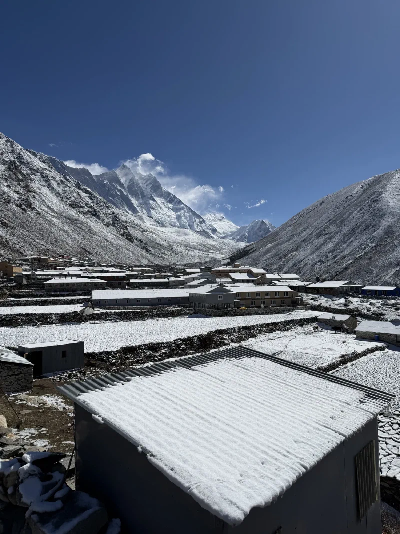 View looking back at Dingboche village with Lhotse in the background