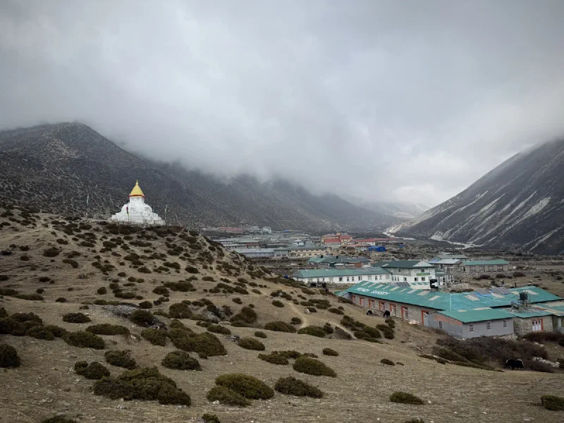Panorama of Dingboche village with stupa and French Bakery