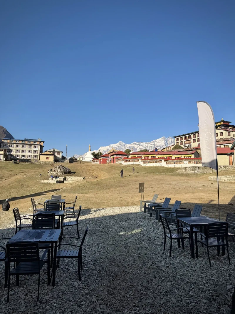 Patio of The Himalayan lodge with mountain views