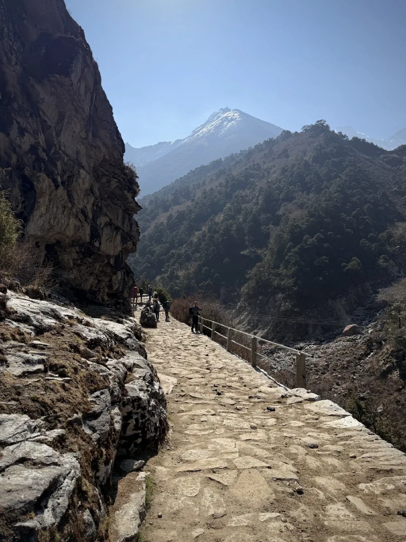 Stone-paved trail along cliff face with wooden railing