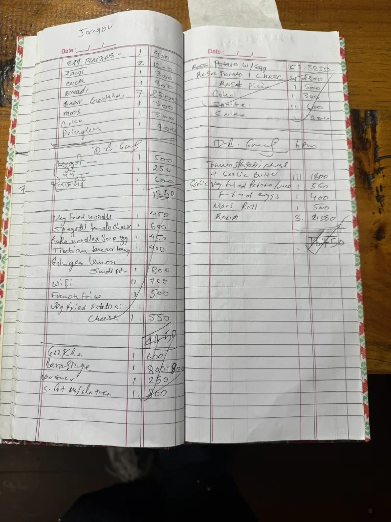 A handwritten Nepali lodge food and lodging bill