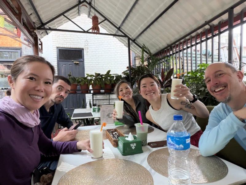 The group seated at the Kathmandu restaurant