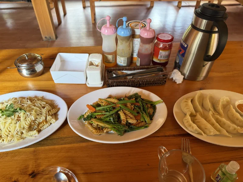 Two plates of pasta, one plain with cheese, one with broccoli and vegetables, plus a plate of momos with dipping sauce