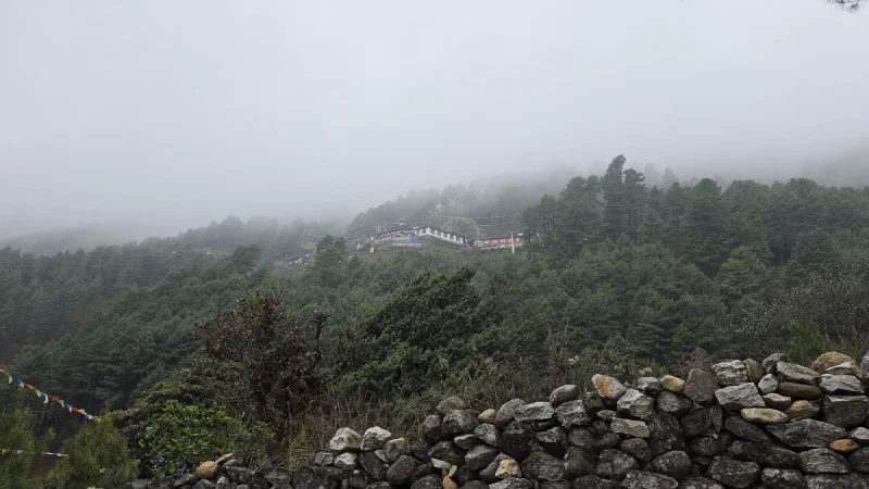 A monastery complex on a distant misty hilltop above a forested valley