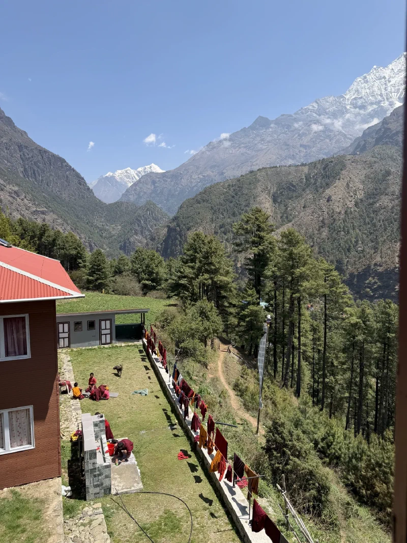 Young monks in maroon robes on a grassy lawn outside monastery buildings with snow peaks behind