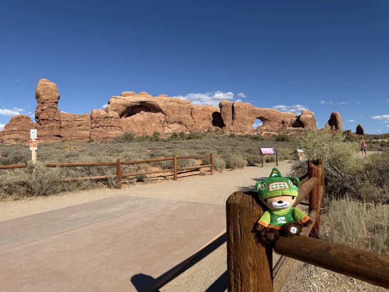 Sumi propped on a wooden trailhead fence with red rock formations and two arch openings visible behind